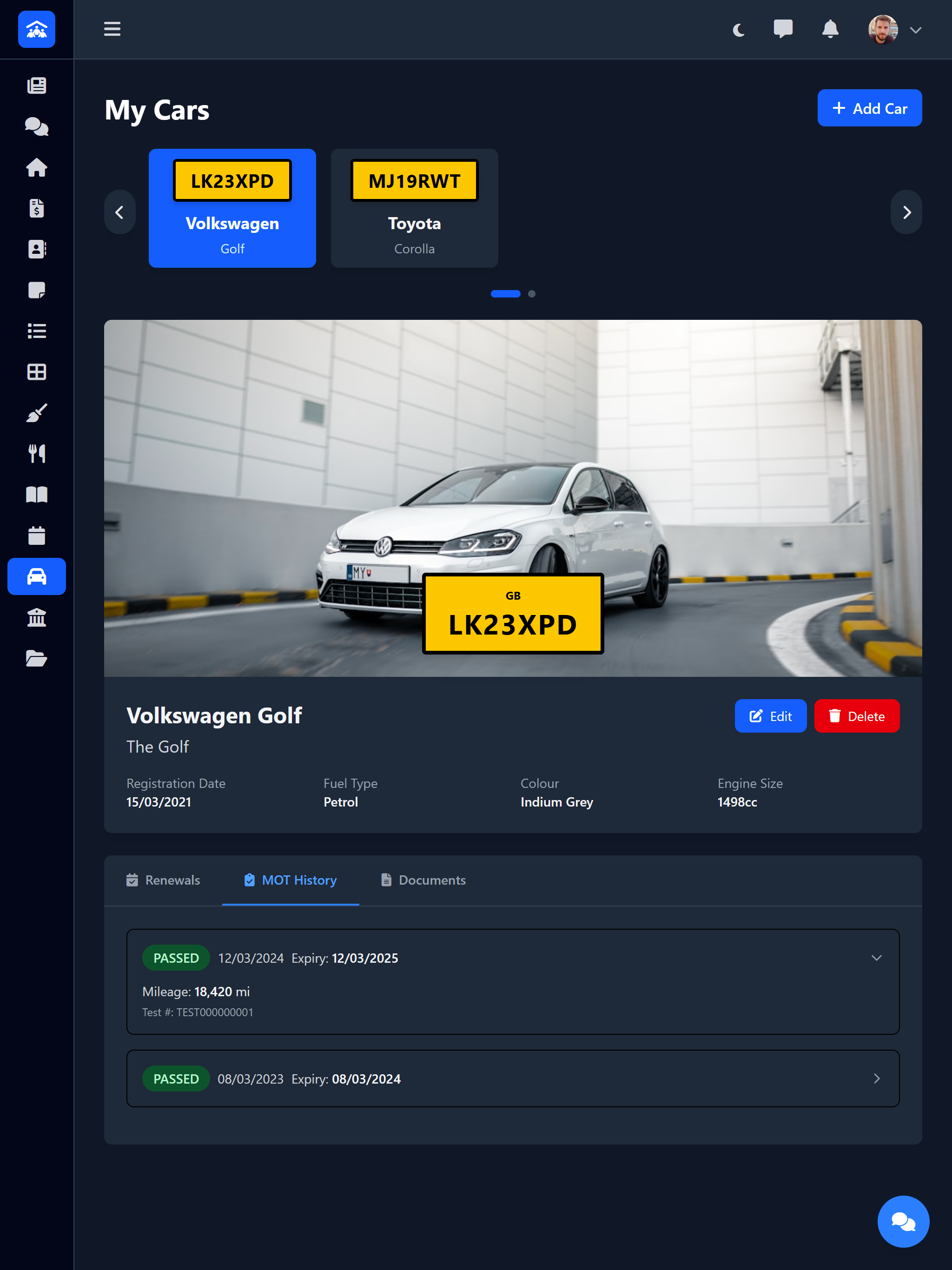 Car MOT Management showing MOT history and renewal tracking