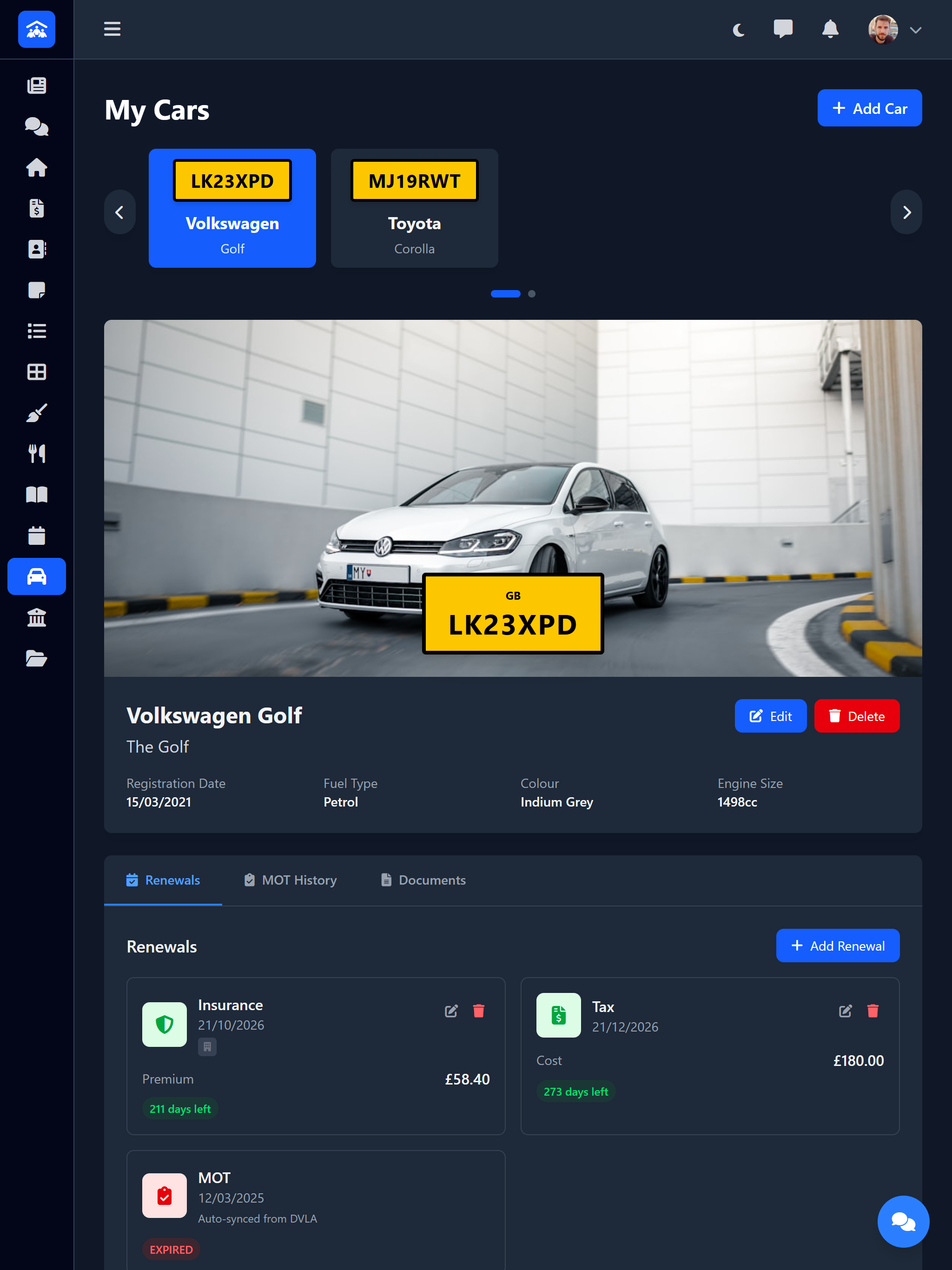 Car Management showing vehicle details and tracking