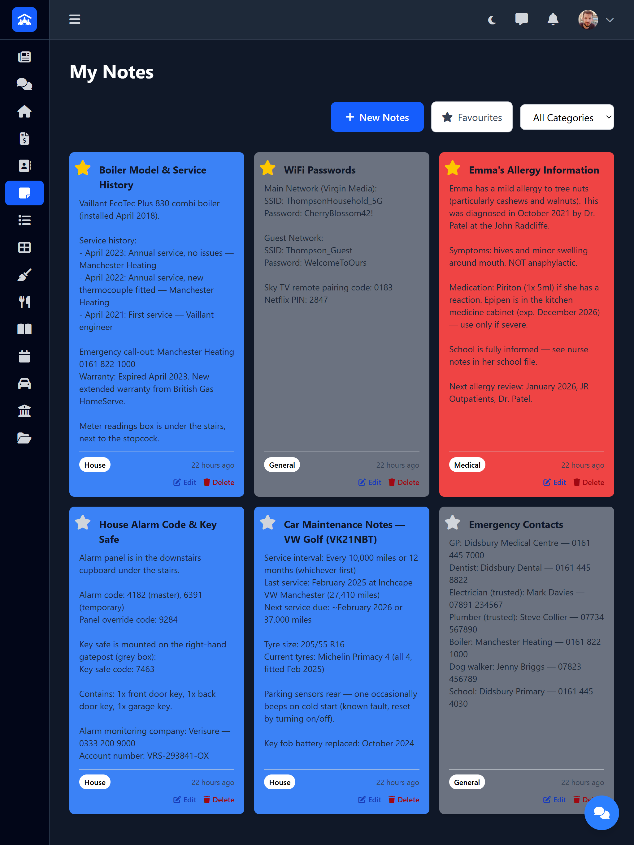 Notes showing categorised family notes